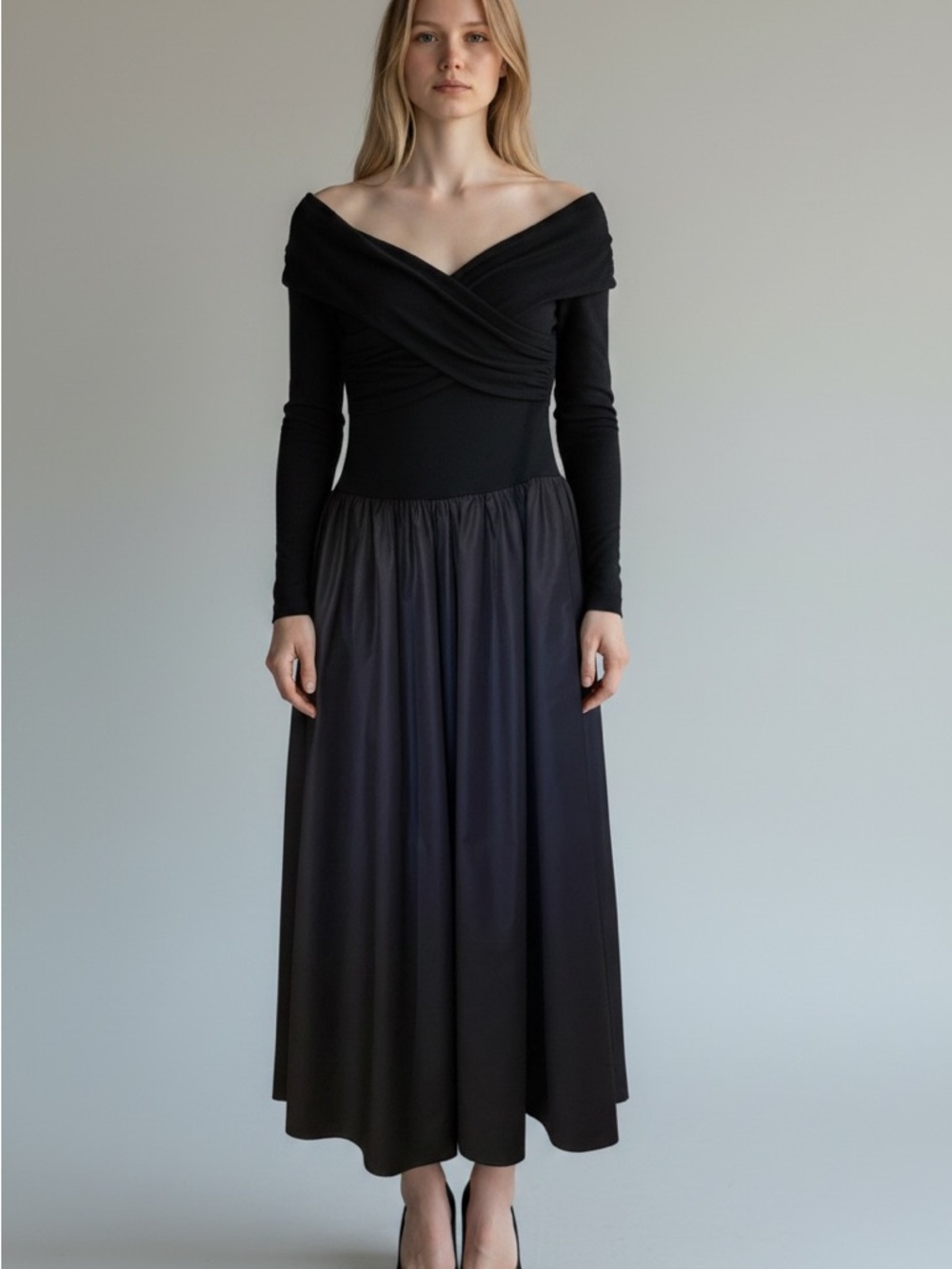 Commense Off the Shoulder Black Long-Sleeve Gathered-Waist Dress M